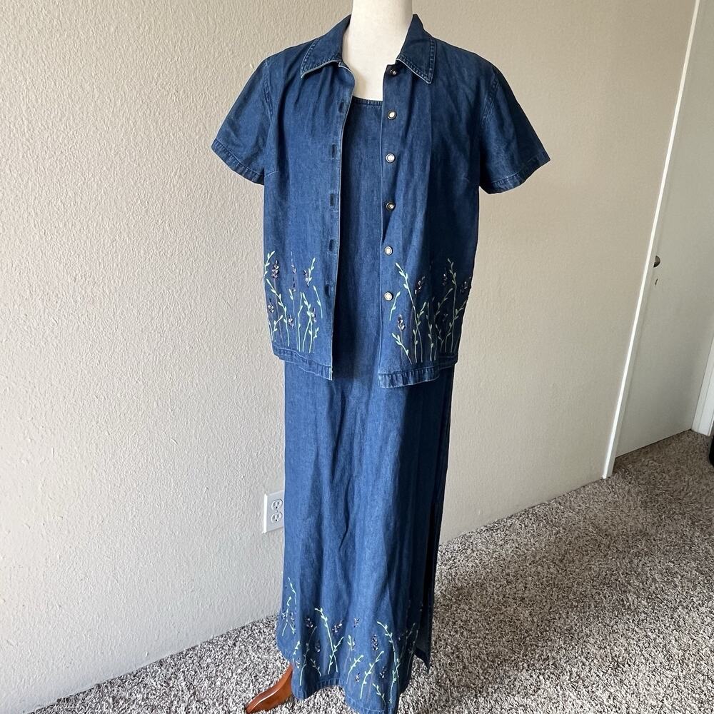 Vintage Jane Ashley Sz S Cotton Embroidered Blue Jean Denim Maxi Dress & Top